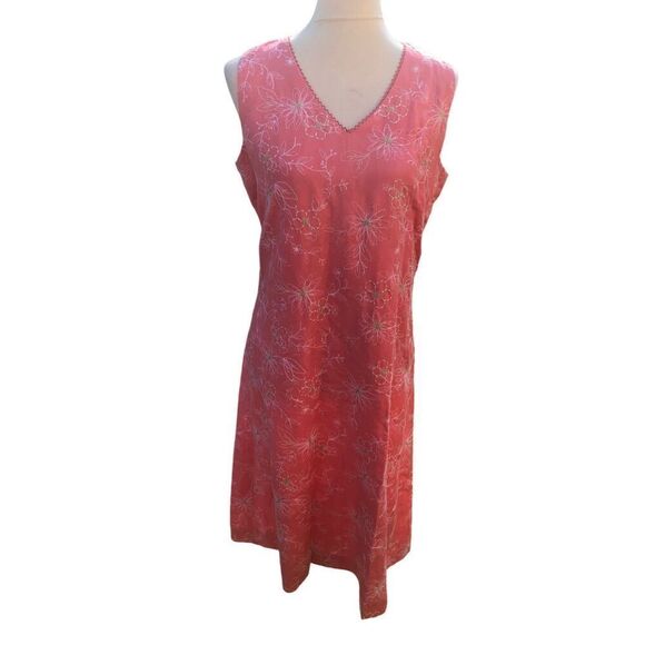 TALBOTS vintage Embroidered Floral Lace Trim V-Neck Linen Fully Lined Dress Size - Picture 1 of 15